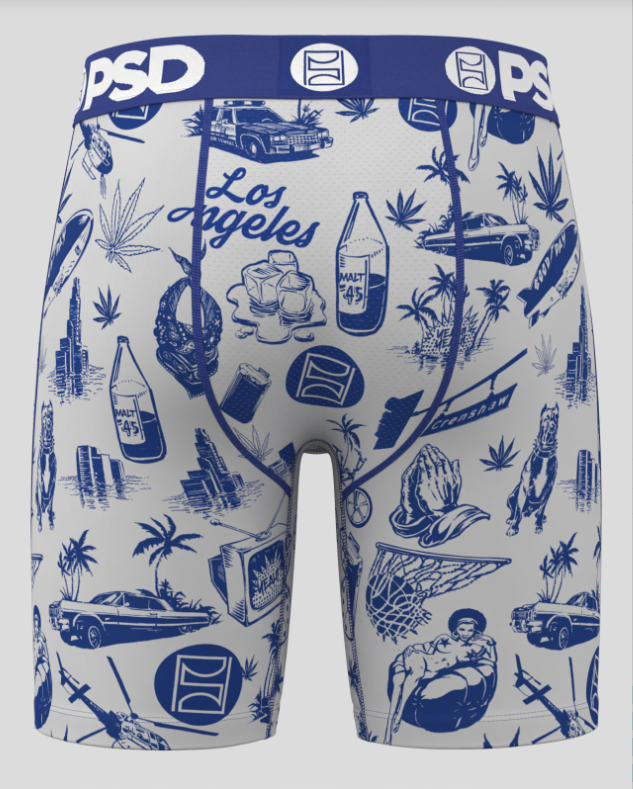 Men's underwear with blue and white pattern on a white background