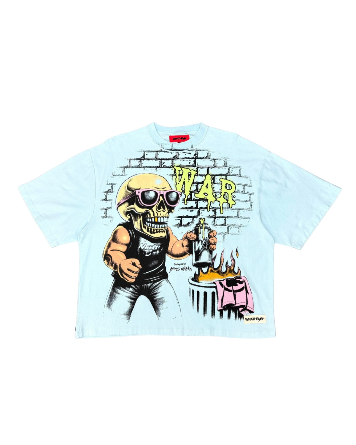 A light blue short-sleeve graphic t-shirt featuring a cartoon skull wearing sunglasses and a black tank top, holding a bottle in front of a brick wall graphic with the word 'WAR' in yellow.