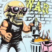 A stylized graphic print featuring a cartoon skull wearing pink sunglasses and a black tank top with 'War' on the chest, holding a spray can in front of a brick wall with large yellow 'WAR' lettering and flames above a pink shirt.