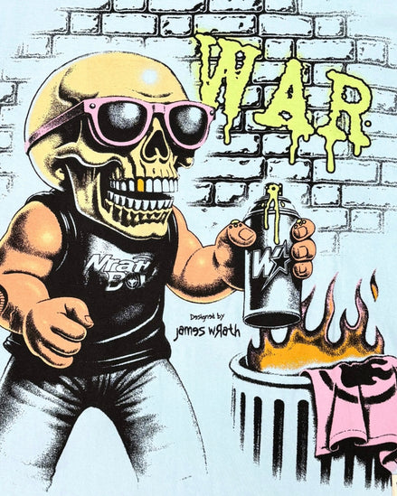 A stylized graphic print featuring a cartoon skull wearing pink sunglasses and a black tank top with 'War' on the chest, holding a spray can in front of a brick wall with large yellow 'WAR' lettering and flames above a pink shirt.