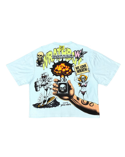 A light blue short-sleeve t-shirt with a large, detailed back graphic featuring cartoon skeletons, a hand holding a skull-topped device, and text including 'WRATH' and 'WE LOVE WRATH'.