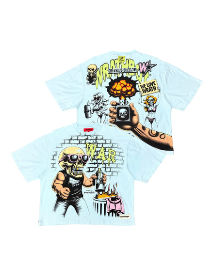 A light blue graphic t-shirt shown from both the front and back. The front features a large cartoon illustration of a skull character wearing sunglasses and a black tank top, with the word 'WAR' in yellow.