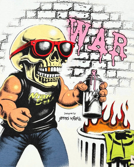 A stylized comic-style illustration of a skull wearing red sunglasses and a black tank top, holding a spray can in front of a brick wall with pink graffiti reading "WAR". A trash can with a green shirt and flames appears in the lower right.