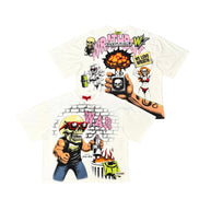 A white graphic t-shirt featuring two views of a detailed cartoon illustration. The top view shows the back with a skull, spray can, and the text 'WE LOVE WRATH'.