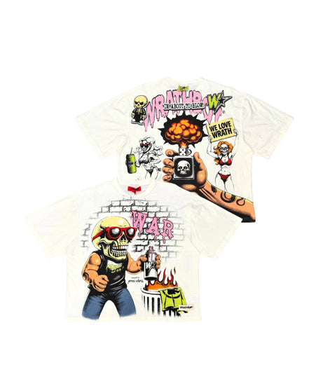 A white graphic t-shirt featuring two views of a detailed cartoon illustration. The top view shows the back with a skull, spray can, and the text 'WE LOVE WRATH'.