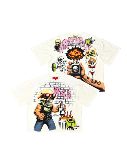 A white graphic t-shirt featuring two views of a detailed cartoon illustration. The top view shows the back with a skull, spray can, and the text 'WE LOVE WRATH'.