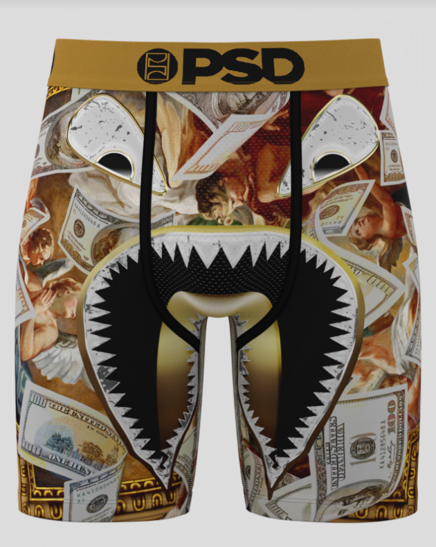 Shark-themed BRIEFS with money design and 'PSD' branding on a white background