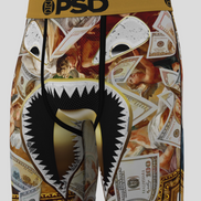 Boxer briefs with a money-themed design and 'PSD' branding on a white background