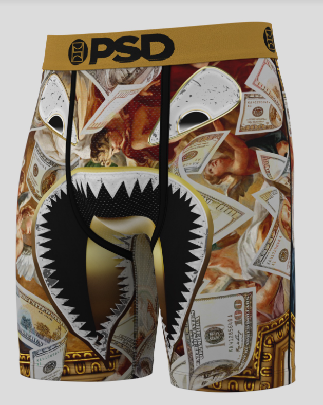 Boxer briefs with a money-themed design and 'PSD' branding on a white background