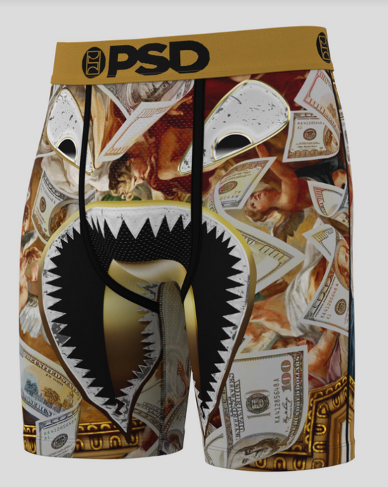 Boxer briefs with a money-themed design and 'PSD' branding on a white background