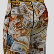 Boxer briefs with a design of money and classical art on a white background