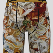 Boxer briefs with a design of dollar bills and classical art on a white background