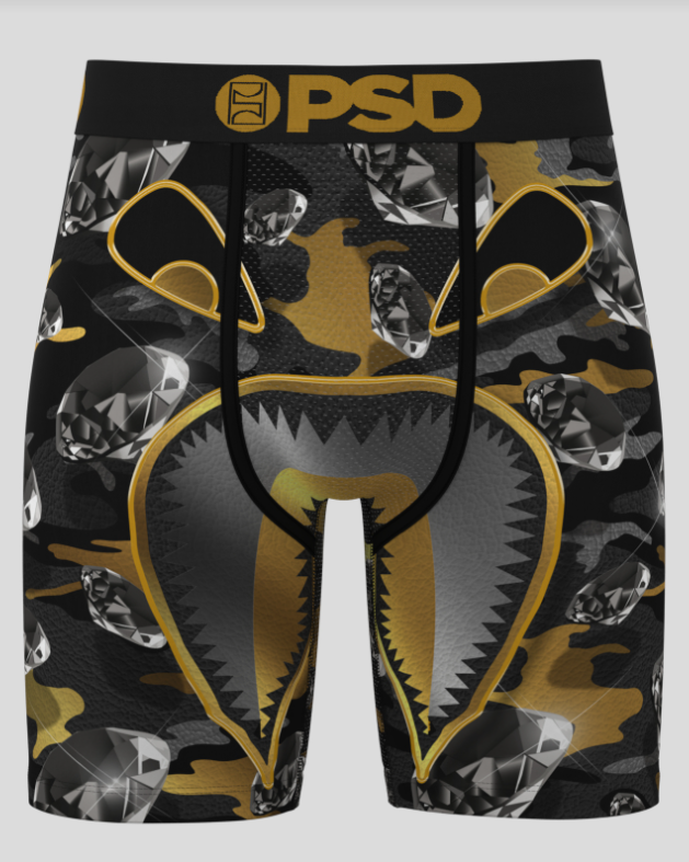 Black and gold patterned underwear with 'PSD' branding on a white background