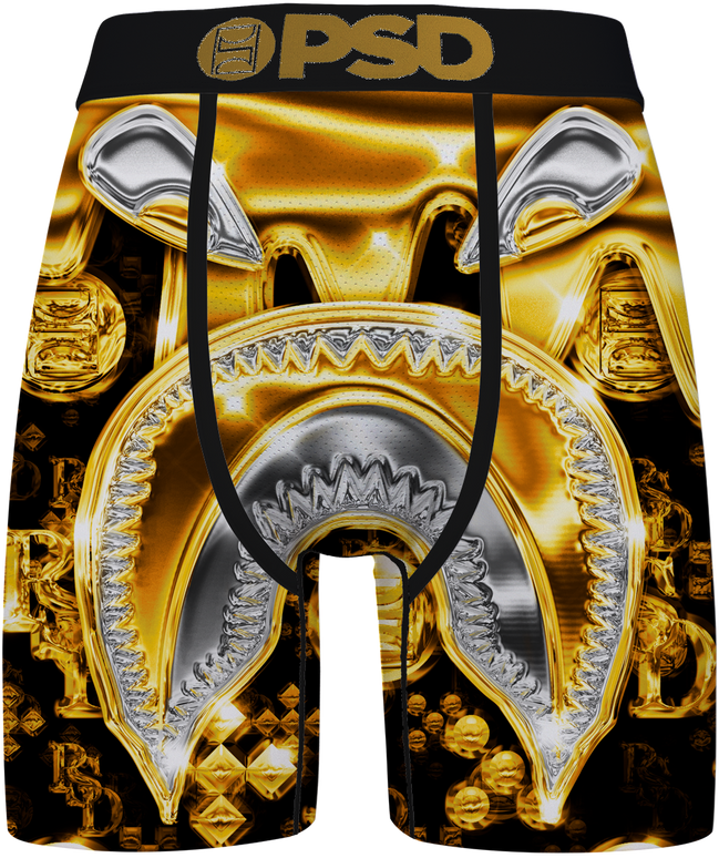 Gold and silver Warface head design on black underwear with 'PSD' branding.