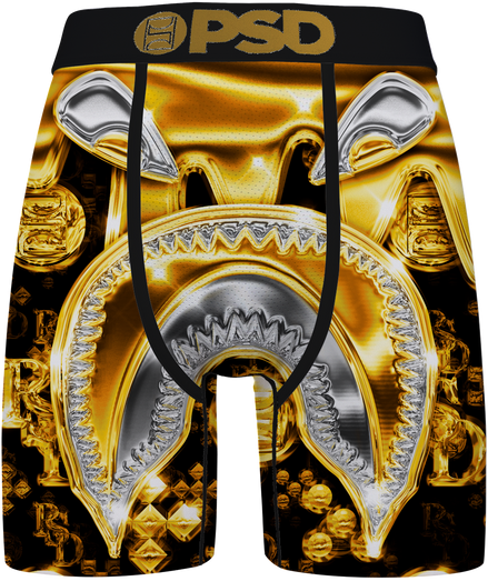 Gold and silver Warface head design on black underwear with 'PSD' branding.