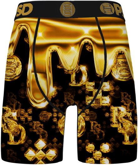 Gold and black boxer briefs with reflective pattern on a white background