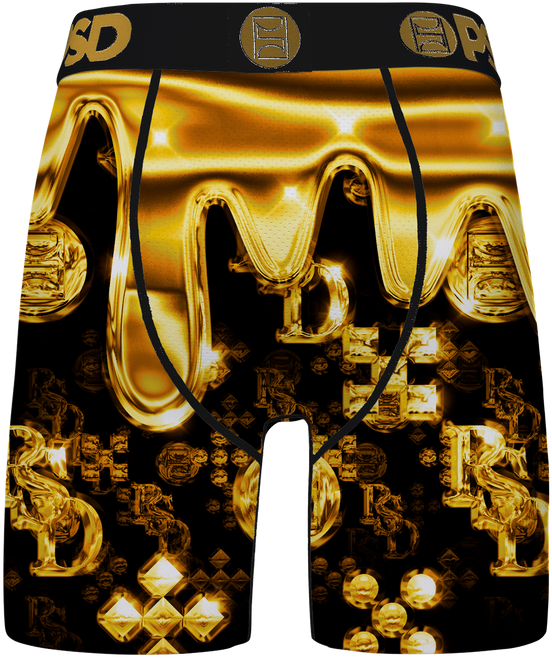 Gold and black boxer briefs with reflective pattern on a white background