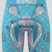 Blue BRIEFS with shark design and 'PSD' branding on a white background