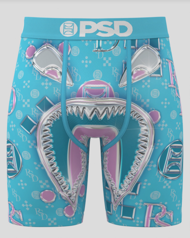 Blue BRIEFS with shark design and 'PSD' branding on a white background