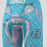 Blue swim shorts with shark and flamingo design on a white background