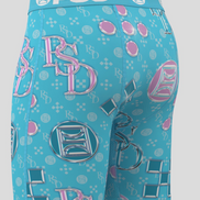 Blue shorts with pink and white patterns on a white background