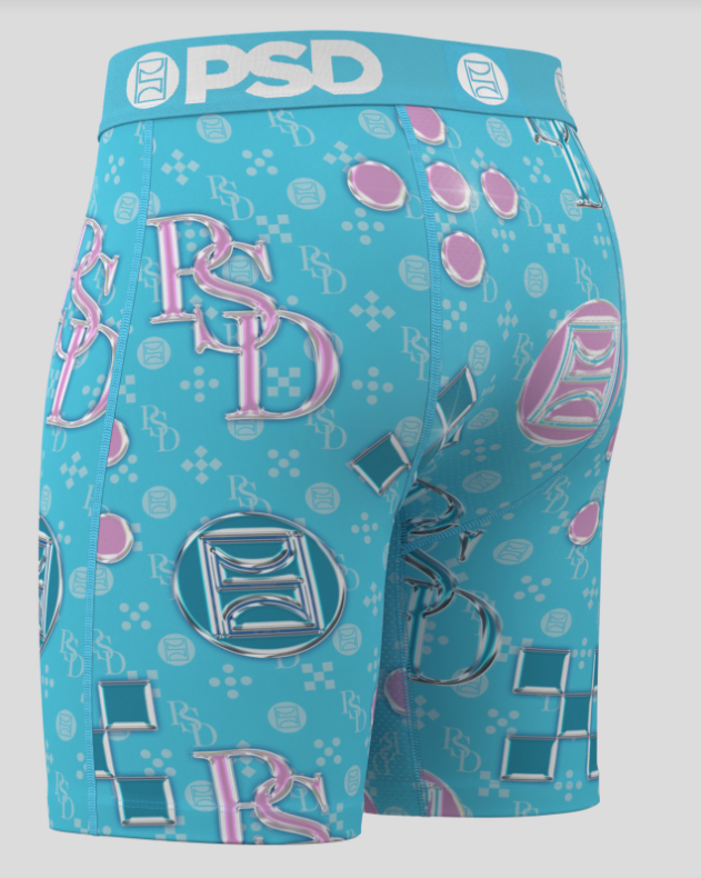 Blue shorts with pink and white patterns on a white background