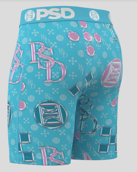 Blue shorts with pink and white patterns on a white background