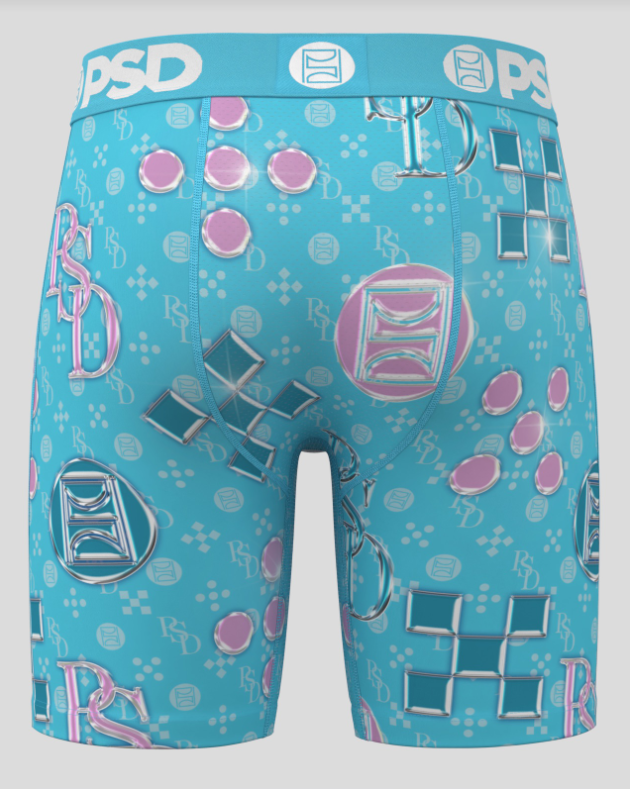 Blue underwear with brand logo and patterns on a white background