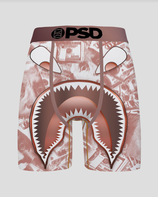 Men's underwear with shark design and PSD brand on a white background