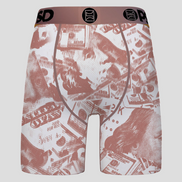 Boxer briefs with a money-themed print on a white background
