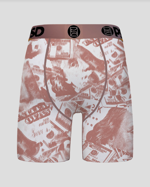 Boxer briefs with a money-themed print on a white background
