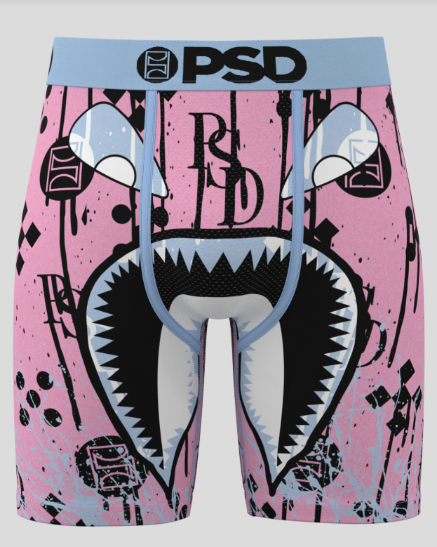 Pink briefs with shark design and 'PSD' branding on a light gray background