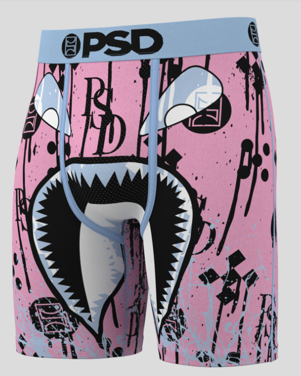 Pink BRIEFS with shark design and 'PSD' branding on a white background
