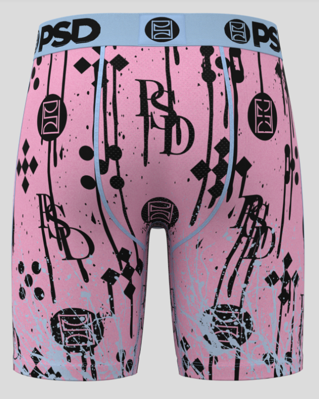 Pink boxer briefs with black abstract design and 'PSD' branding on a white background