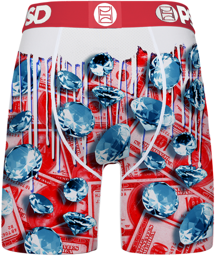 Boxer briefs with a red, white, and blue design featuring diamonds and 'PSD' branding.