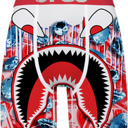 Shorts with a shark mouth design and 'PSD' branding on a colorful background