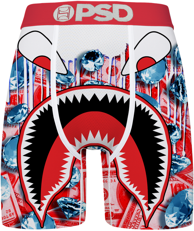 Shorts with a shark mouth design and 'PSD' branding on a colorful background