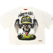 White t-shirt with a graphic design featuring a skull and text on a white background
