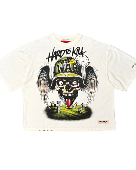 White t-shirt with a graphic design featuring a skull and text on a white background