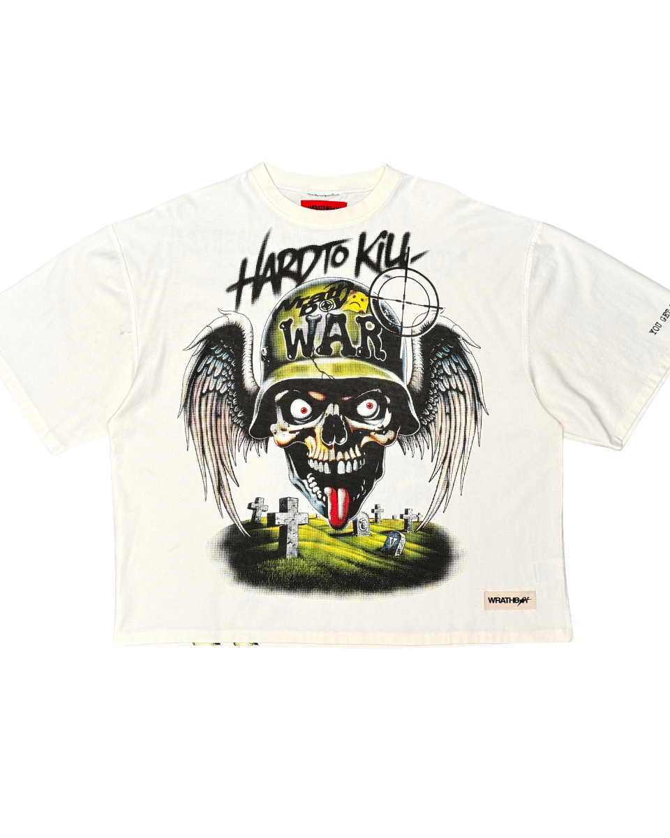 White t-shirt with a graphic design featuring a skull and text on a white background