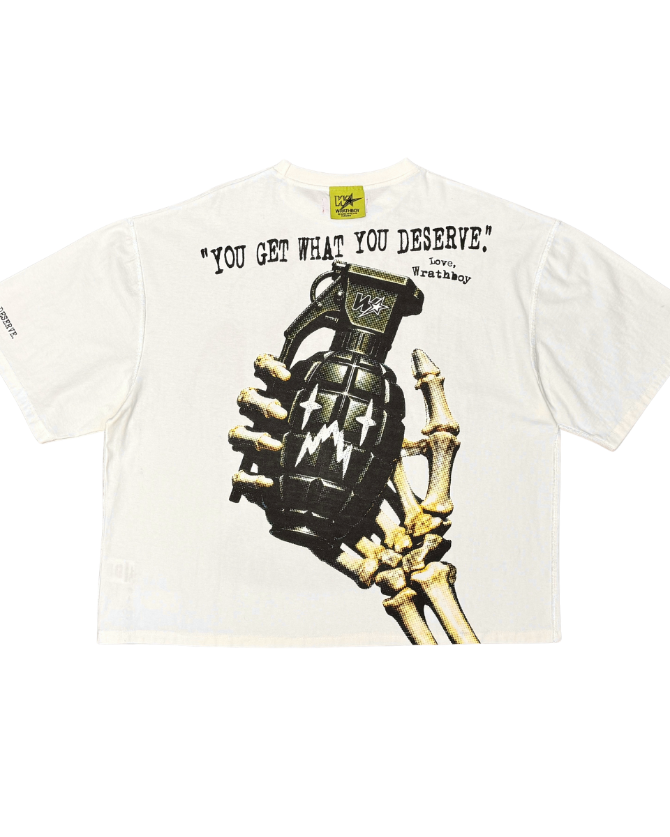 White t-shirt with graphic design of a skeleton hand holding a grenade and text on a white background