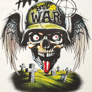 Graphic design of a skull wearing a helmet with 'War' text, wings, and crosses in the background.