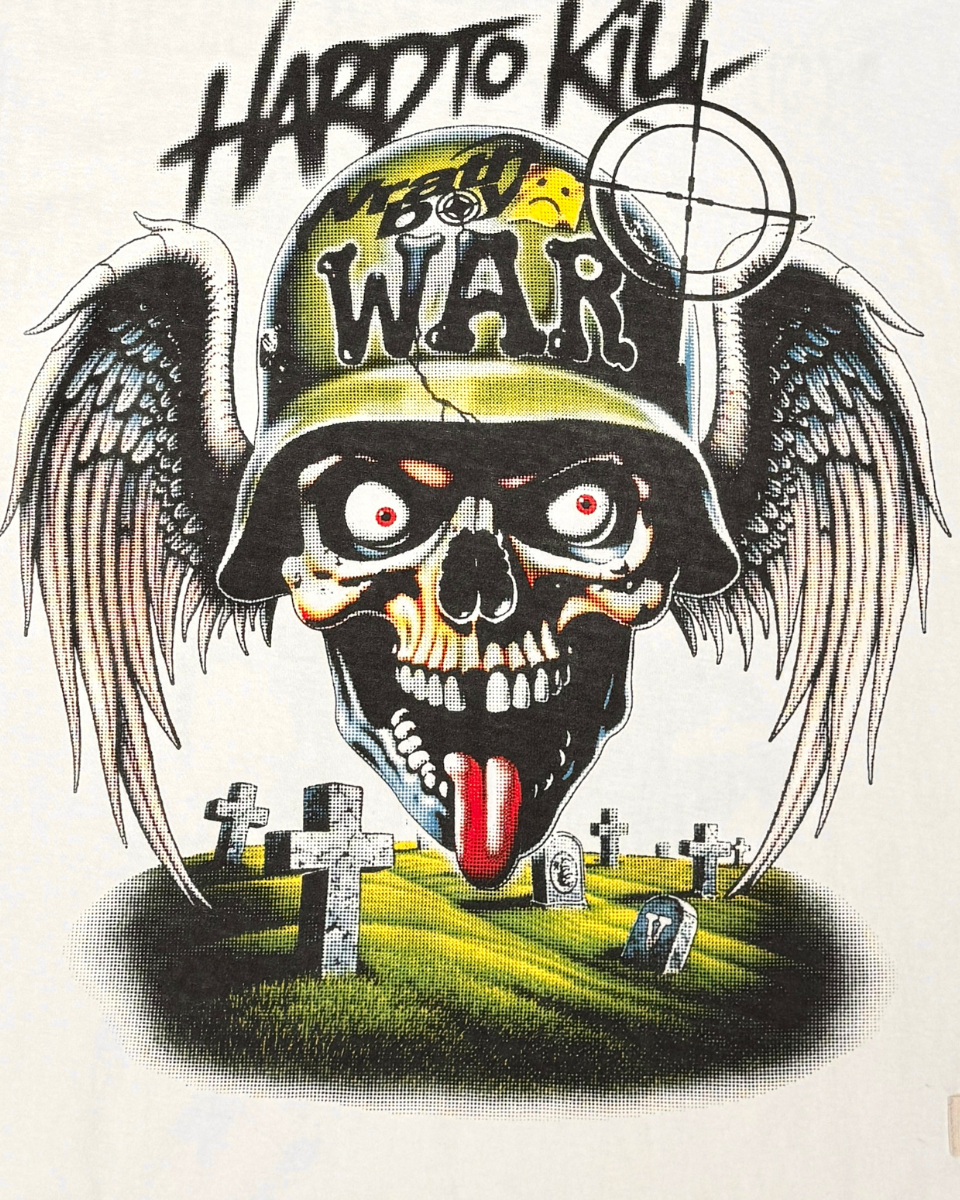 Graphic design of a skull wearing a helmet with 'War' text, wings, and crosses in the background.
