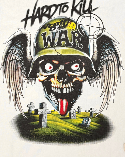 Graphic design of a skull wearing a helmet with 'War' text, wings, and crosses in the background.