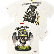 White t-shirt with graphic design featuring a skull, helmet, and grenade on a white background