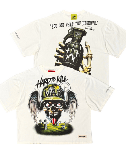 White t-shirt with graphic design featuring a skull, helmet, and grenade on a white background