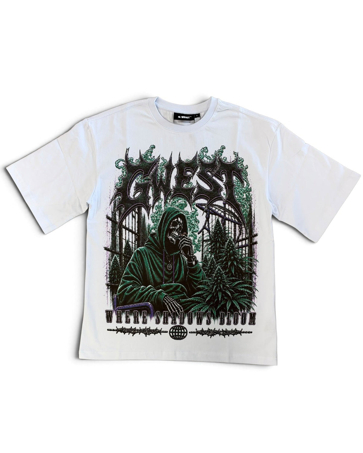A white short-sleeve graphic t-shirt featuring a dark green and black print of a hooded figure in front of a piano, with the word 'G WEST' in a stylized font above.