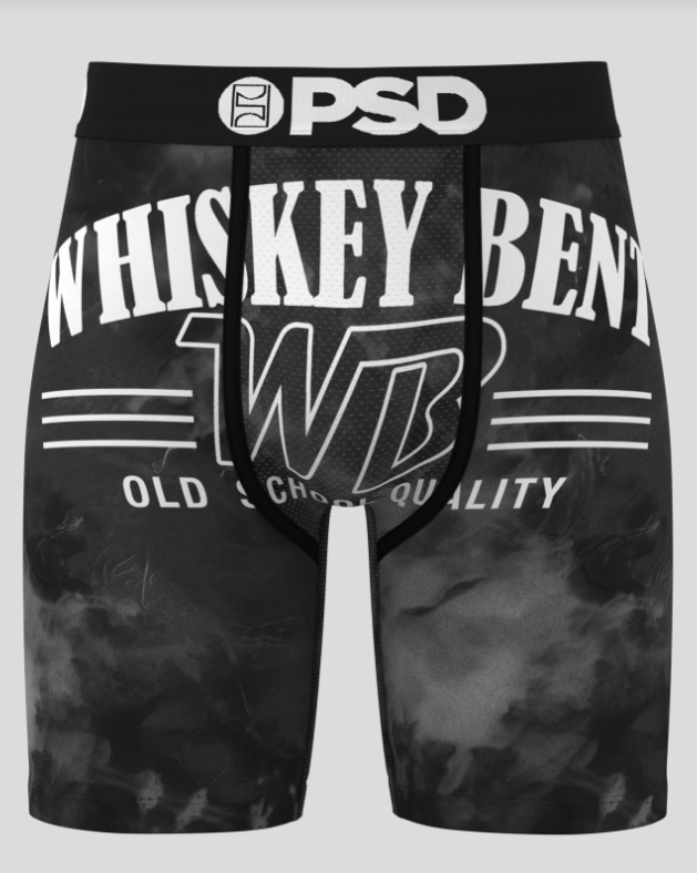Black men's underwear with 'Whiskey Bent' branding on a gray background
