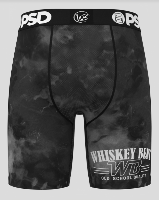 Black and gray camouflage athletic briefs with 'Whiskey Bent' branding on a light gray background