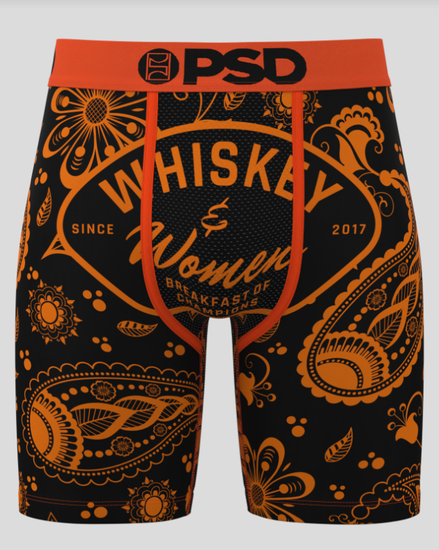 Black and orange patterned underwear with 'PSD' branding on a white background